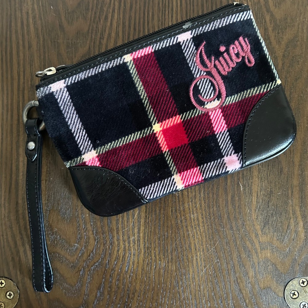 Juicy Couture Plaid Velour Wristlet Red Black Pink Y2K Heart Logo Pouch